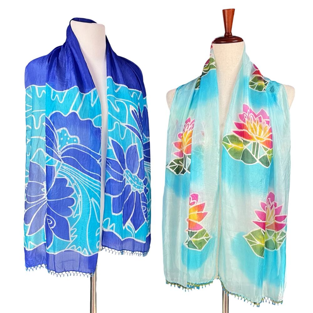 SET OF TWO Floral Hand-Painted Silk Scarves with Beaded Trim Lotus Water Lily